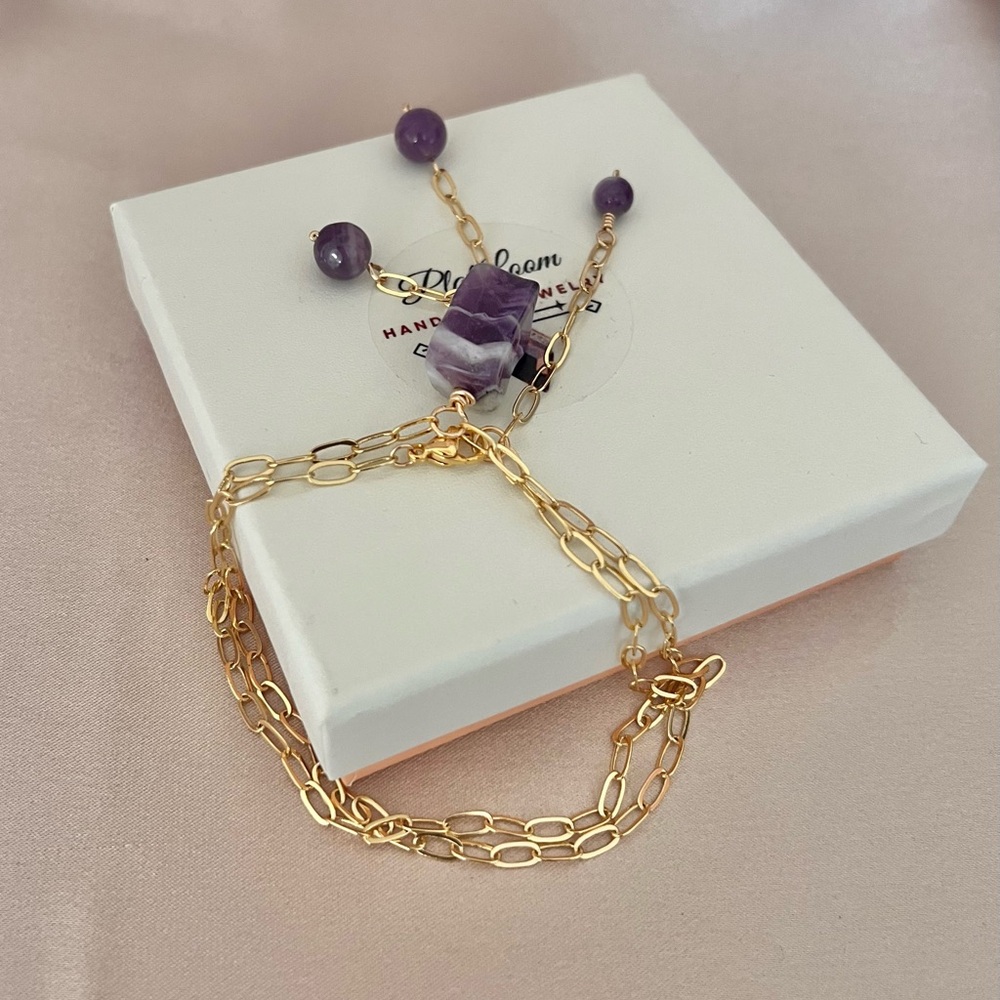 Banded Amethyst Gemstone Lariat Necklace 14k Gold Filled. - Picture 3 of 5